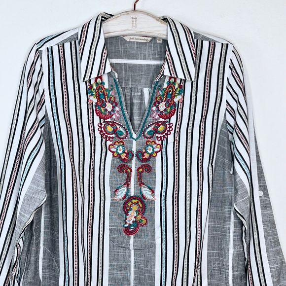SOFT SURROUNDINGS Brookhaven Tunic Multi Embroidered Striped Petite Large PL Top - Picture 3 of 6